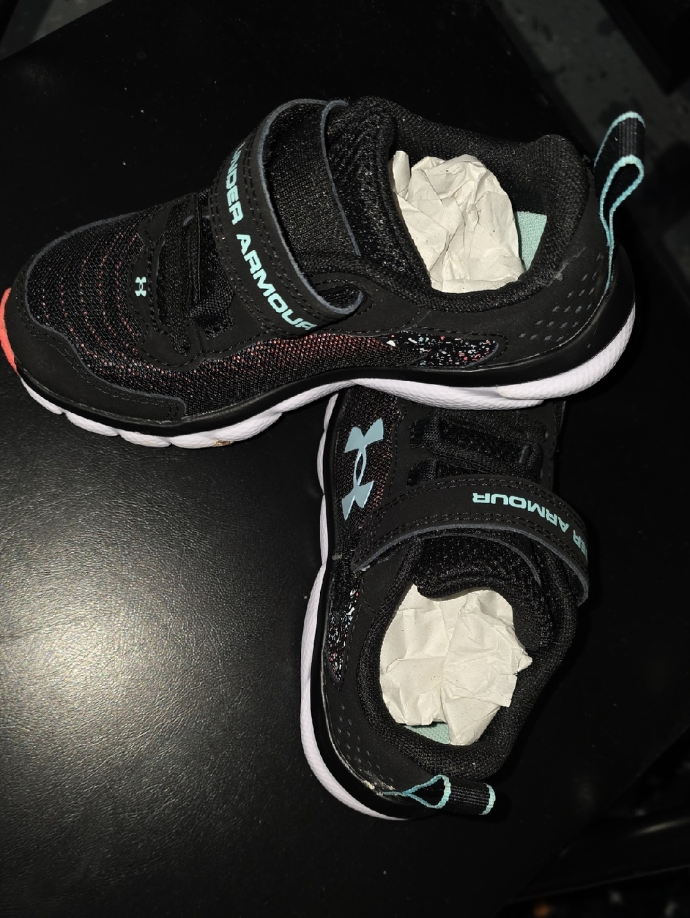 Under Armour Kids Black Sneakers with Teal Accents Size 11K